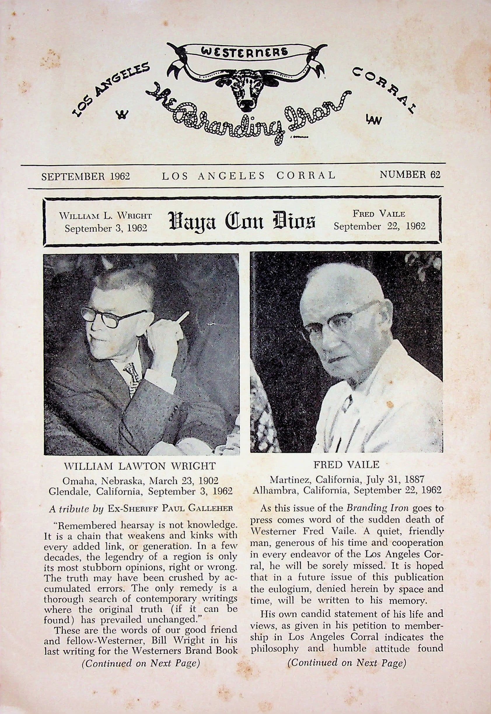 The Branding Iron of the Los Angeles Corral of The Westerners, Number 62, September 1962, photograph 1 of 8