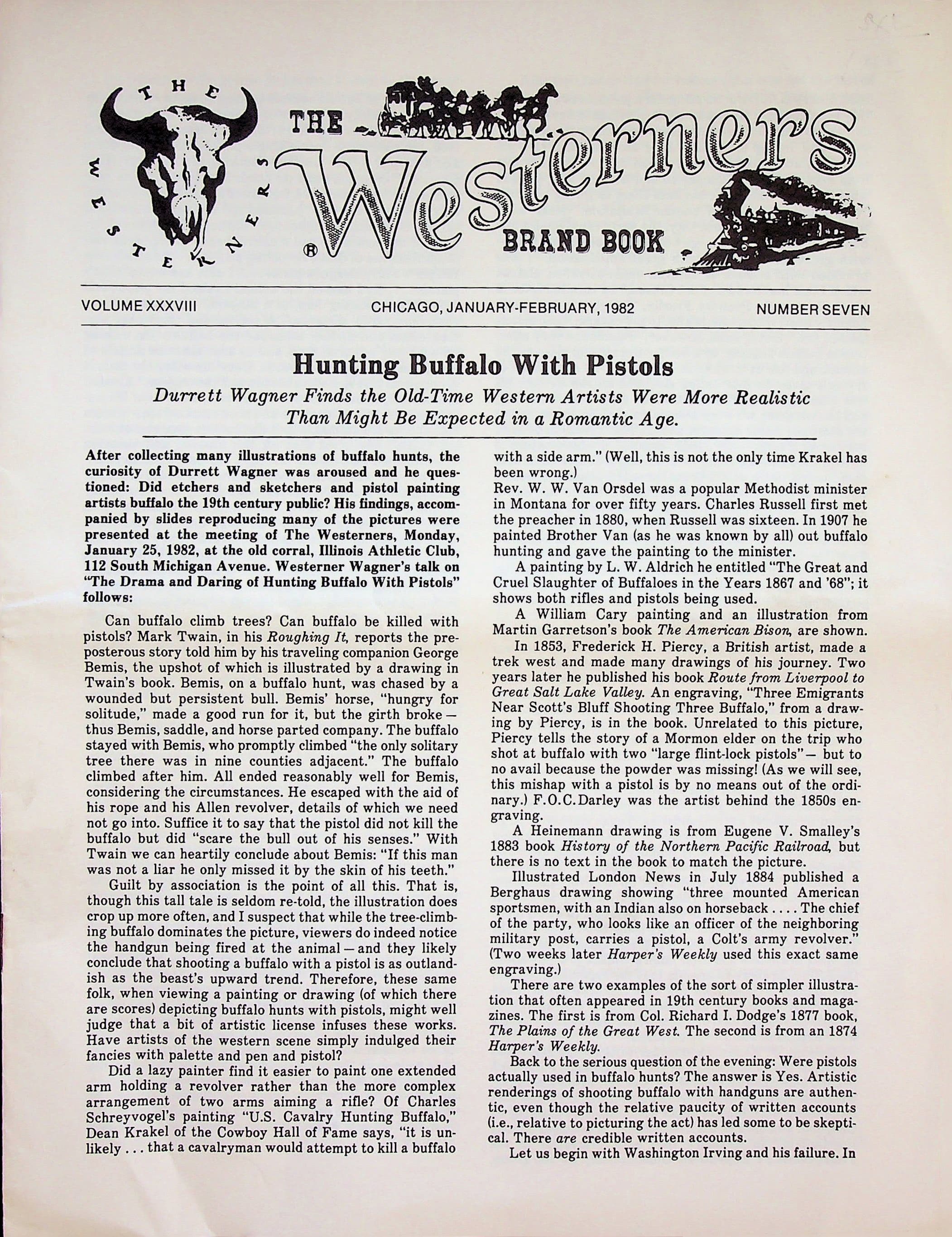 The Westerners Brand Book, Chicago, Volume XXXVIII, Number Seven, Chicago, January-February, 1982: Hunting Buffalo With Pistols, photograph 1 of 8