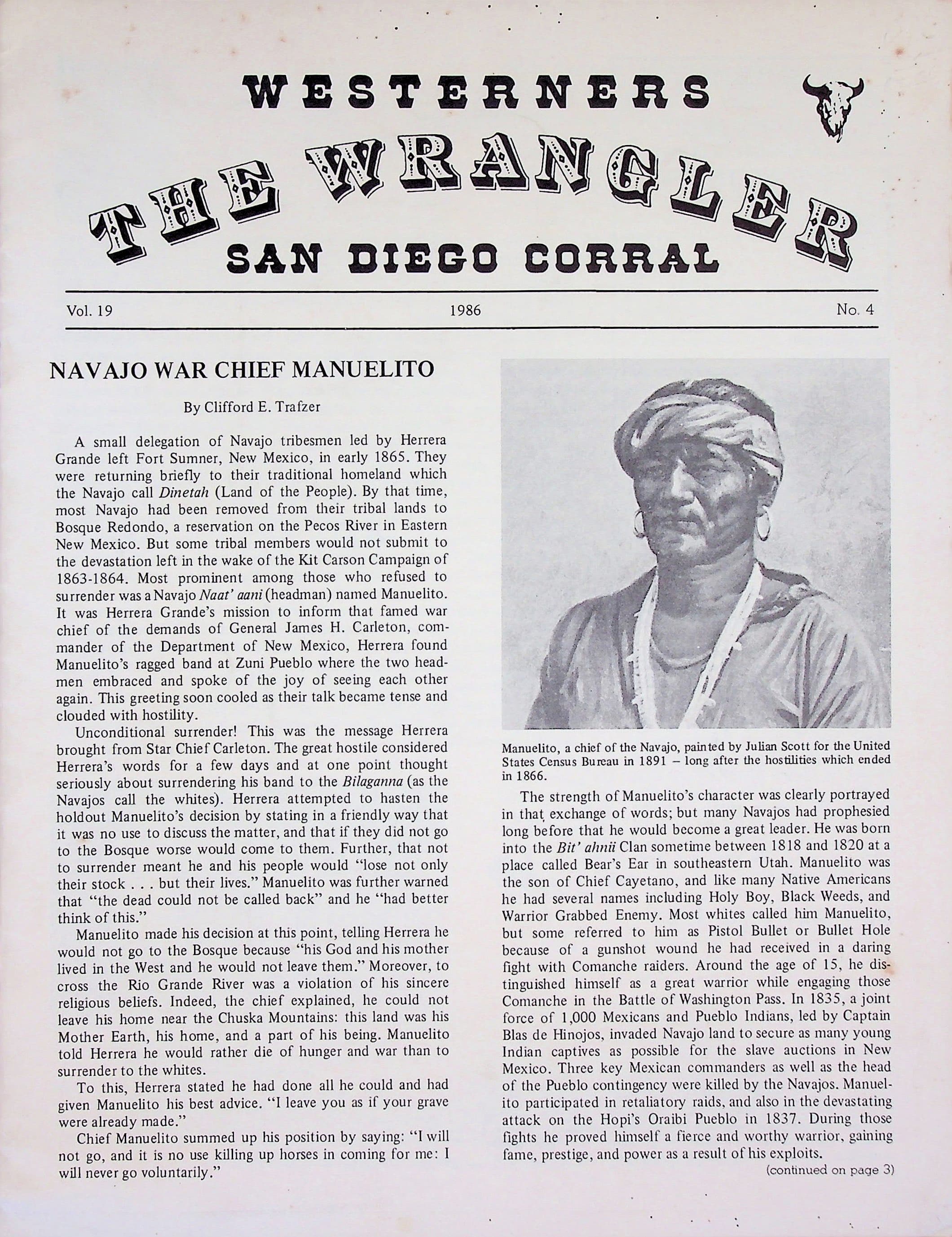 The Wrangler : Westerners San Diego Corral, Vol. 19, No. 4, 1986, photograph 1 of 10