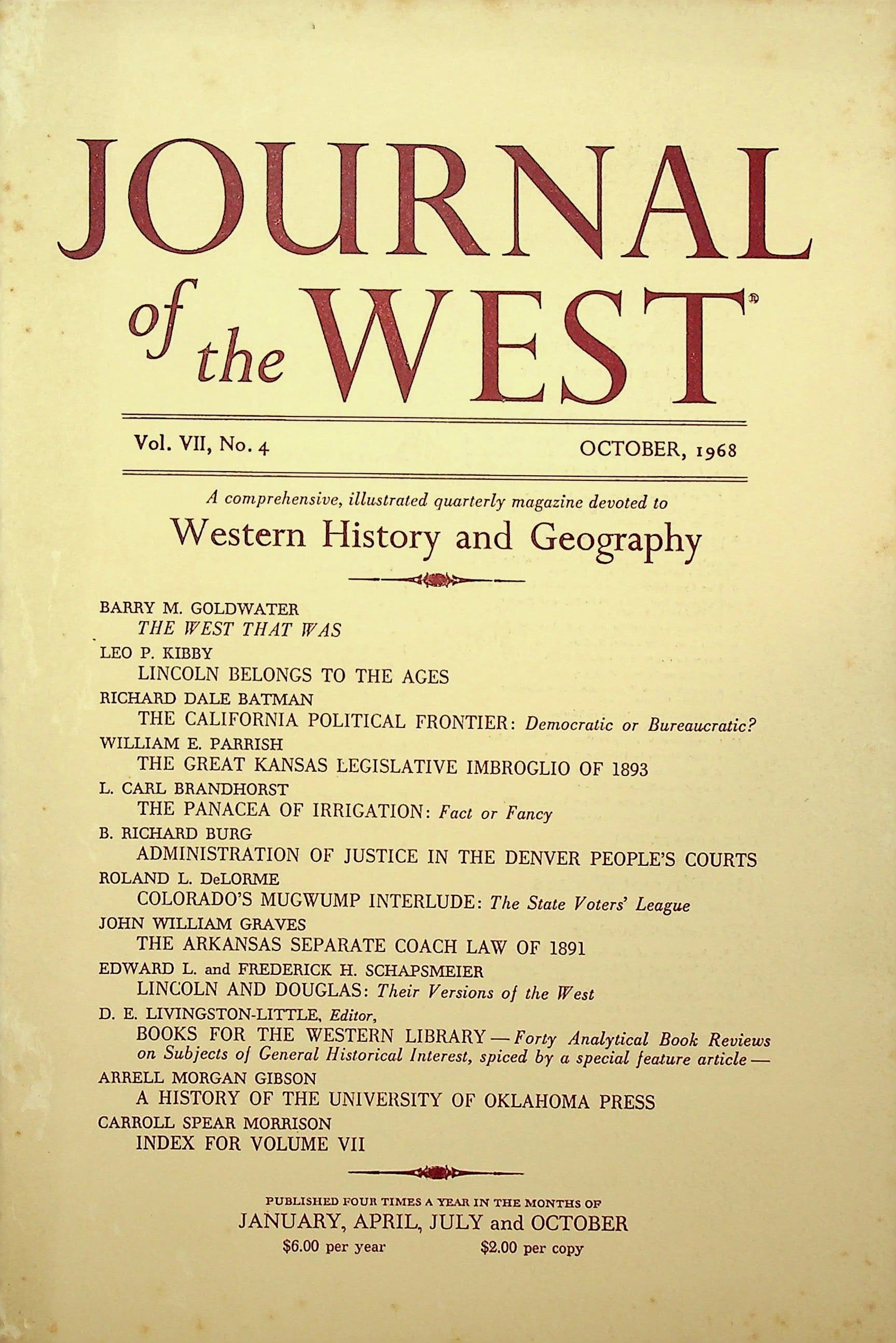 Journal of the West Volume VII Number 4, October 1968, photograph 1 of 13