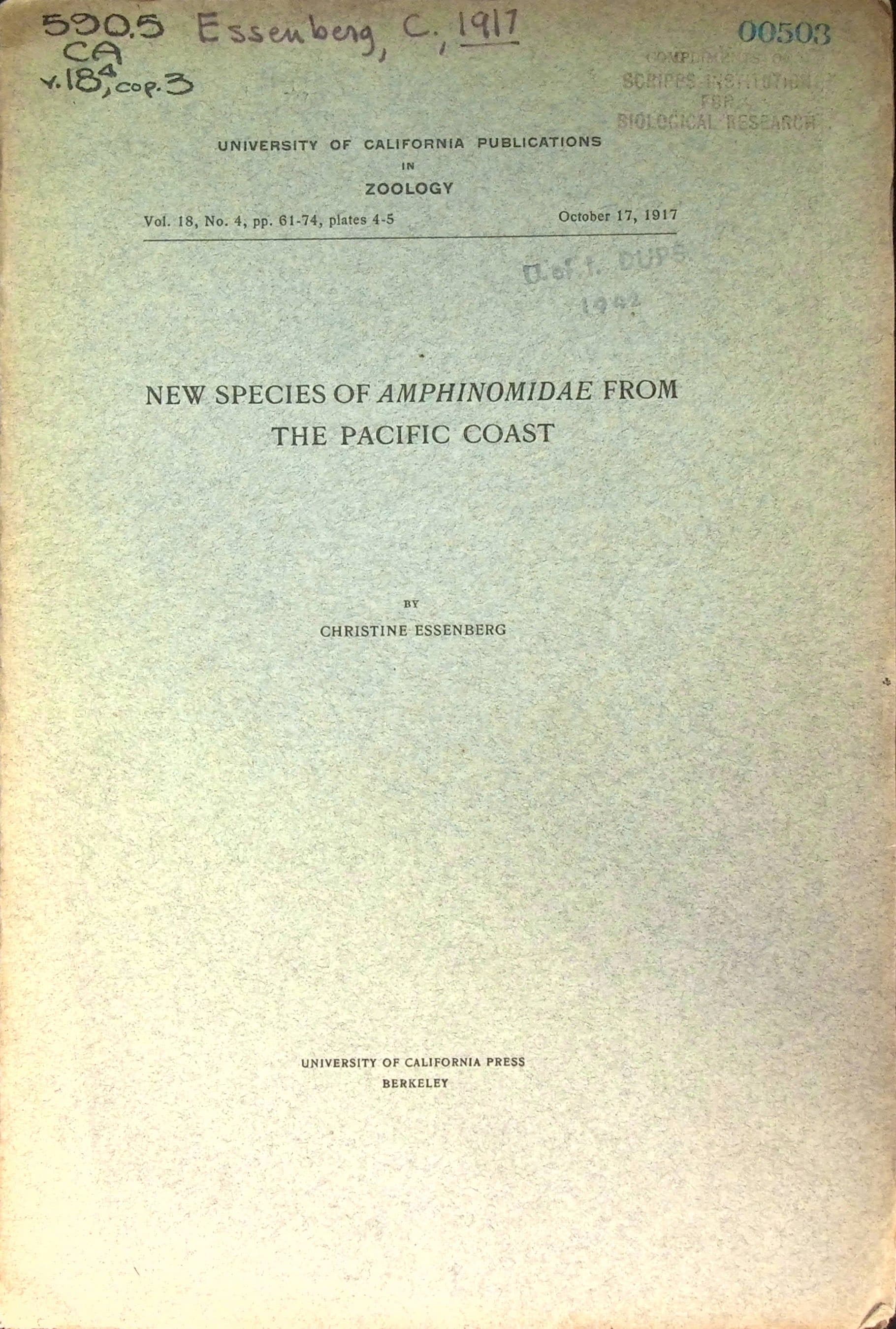 New species of Amphinomidae from the Pacific coast, (University of California publications in zoology), photograph 1 of 14